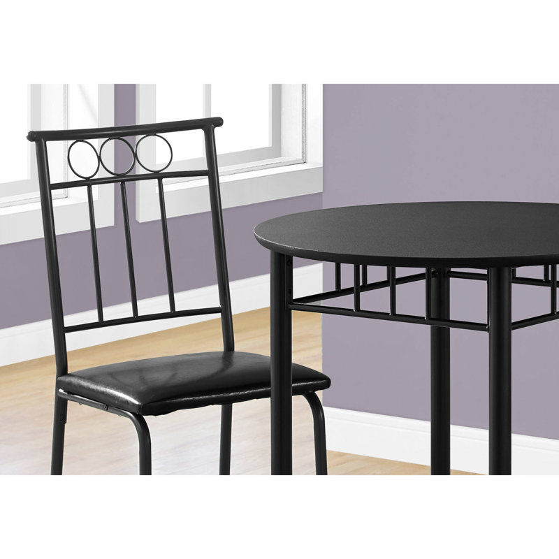 Dining Table Set, 3Pcs Set, Small, 30" Round, Kitchen, Black Metal And Laminate, Leather Look, Contemporary, Modern