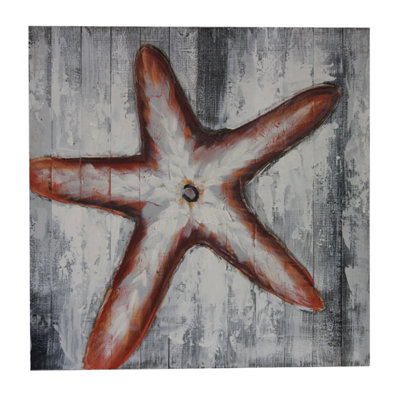 Peinture à l'huile sur toile tendue et bois, représentant des étoiles de mer grises et oranges côtières, format carré de 61 cm.