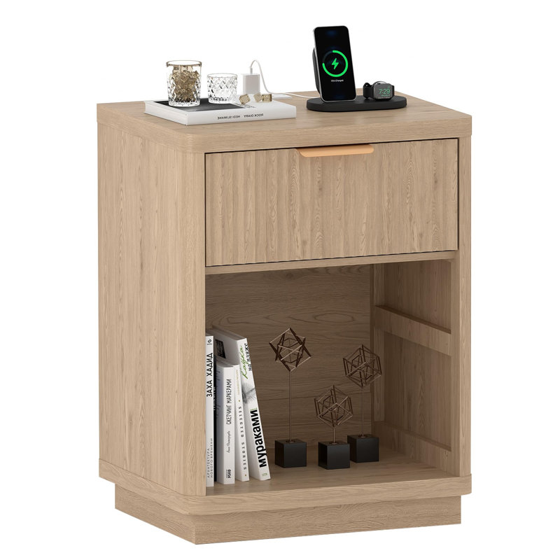 Fluted Nightstand with Charging Station, Mid Century Modern Fluted Nightstand, Modern End Table with Curved Corners