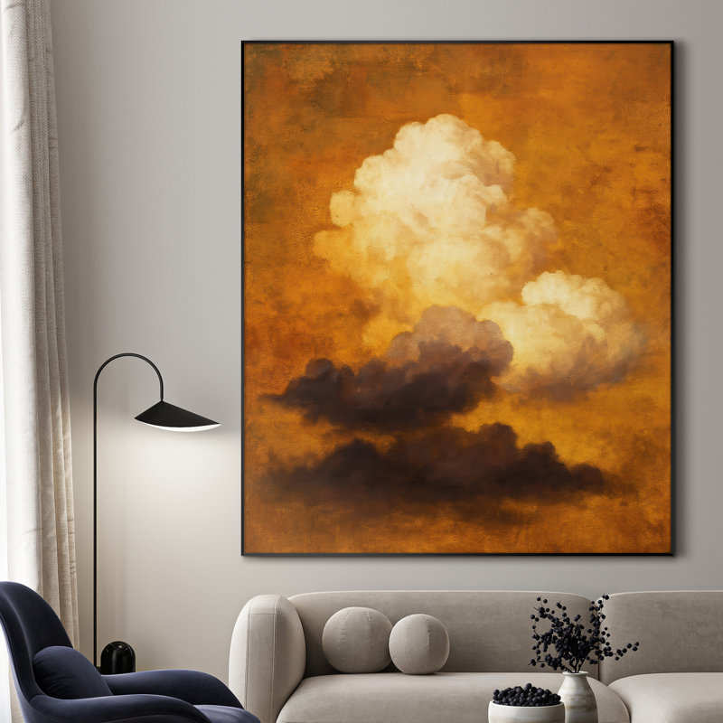 Très grand art mural imprimé sur toile - Nuage abstrait, motif de ciel tonique orange terre, œuvre d'art contemporaine pour le salon ou la chambre à coucher - «Assemblage requis du cadre (cadre non fini)»