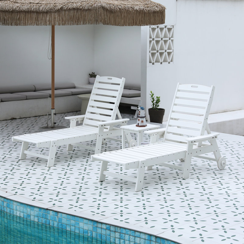 3-Piece Patio Lounge Chair Set With Side Table, Oversized Chaise Lounge With 5-Position Adjustable Backrest, HDPE, Cup Holders, Wheels (2 Chairs + 1 Table)