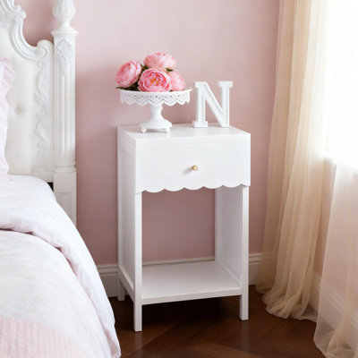 White Nightstand With Drawer And Open Shelf, Scalloped Edge Bedside Table For Bedroom, Minimalist Side Table For Kids Room
