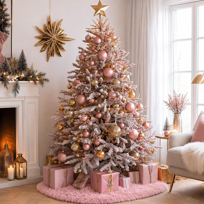 Jupe de sapin de Noël en fausse fourrure rose – Cache-pied de sapin duveteux et moelleux pour une ambiance chaleureuse pendant les fêtes et la décoration intérieure