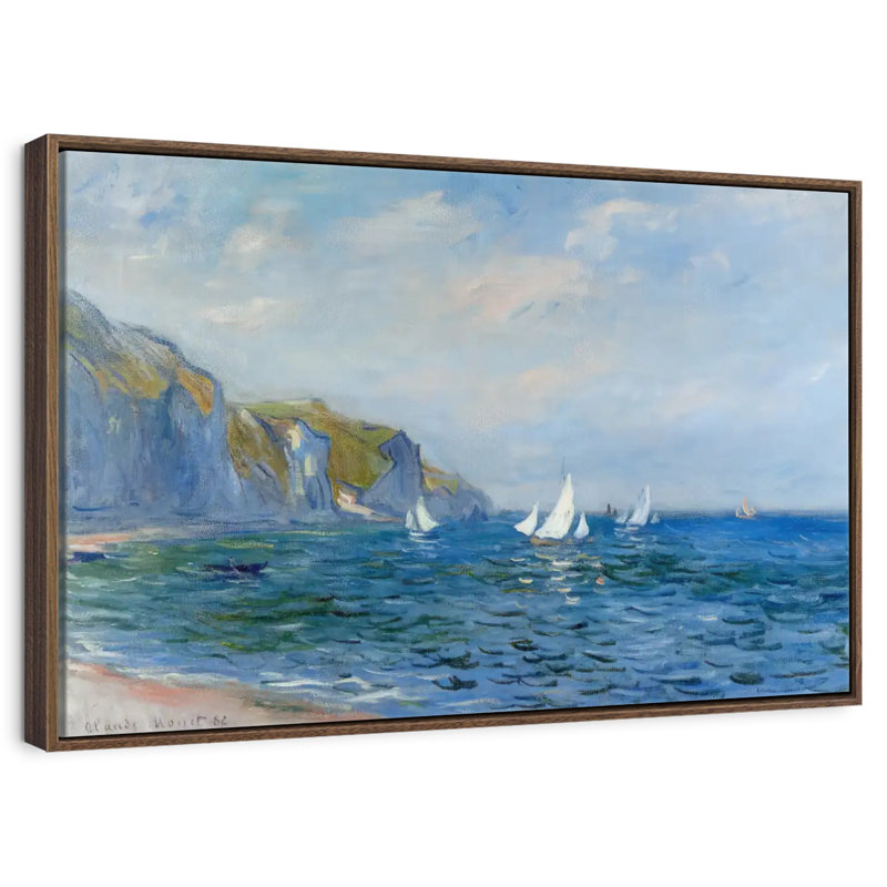 Falaises et voiliers à Pourville, 37 po x 25 po, Cadre flottant en noyer