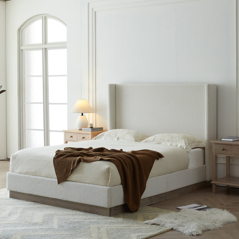 Hosford Upholstered Wingback Bed  , King, Cream White Boucle