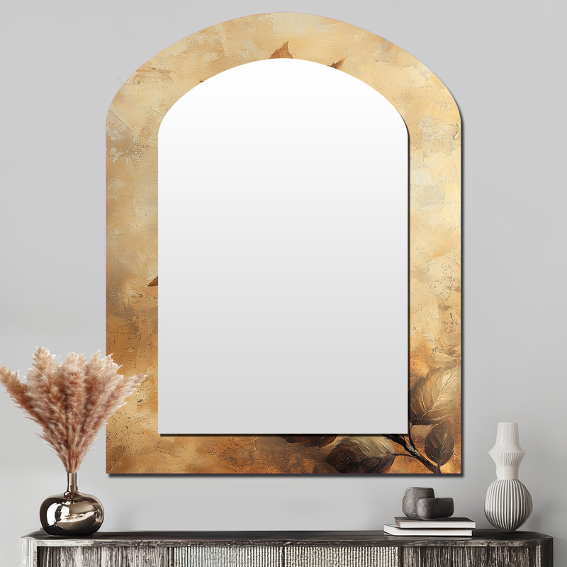 Brown Faded Sepia Leaves III - Leaves Arch Mirror, Brown Asymmetrical Decorative Wall Mirror, Printed Metal Art, 43" x 33"
