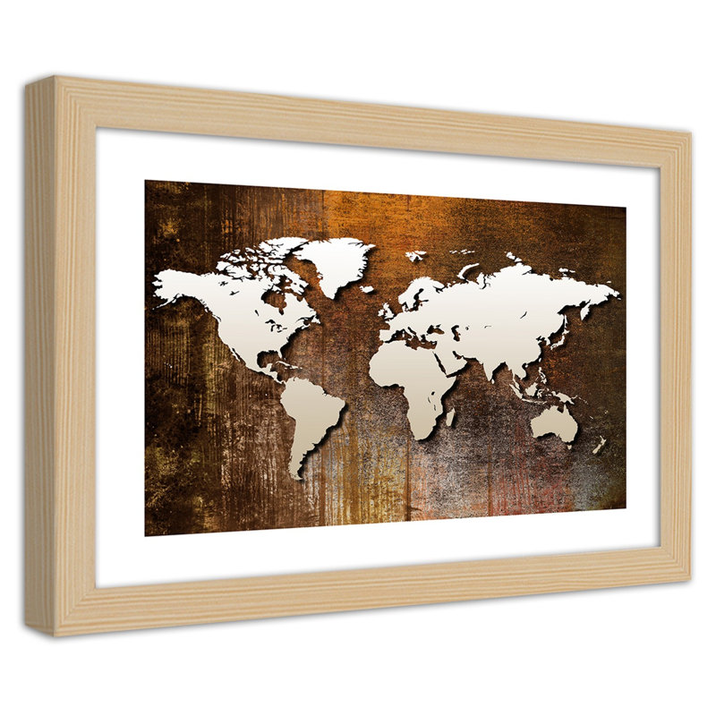 World Map in Brown 1 Piece Single Picture Frame Wall Art, 20cm H x 30cm W, Light Brown