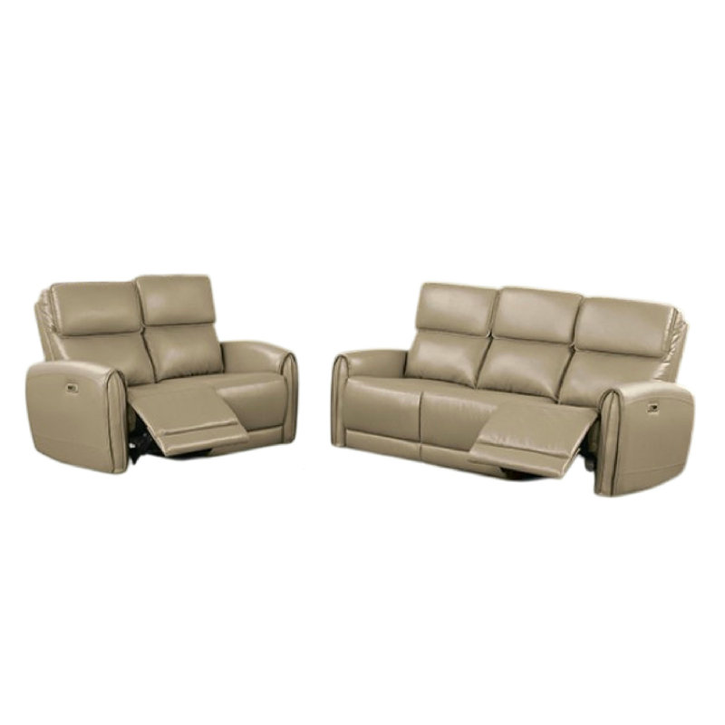 Sily 2 Piece Power Reclining Sofa And Loveseat Set, Beige Faux Leather, Beige