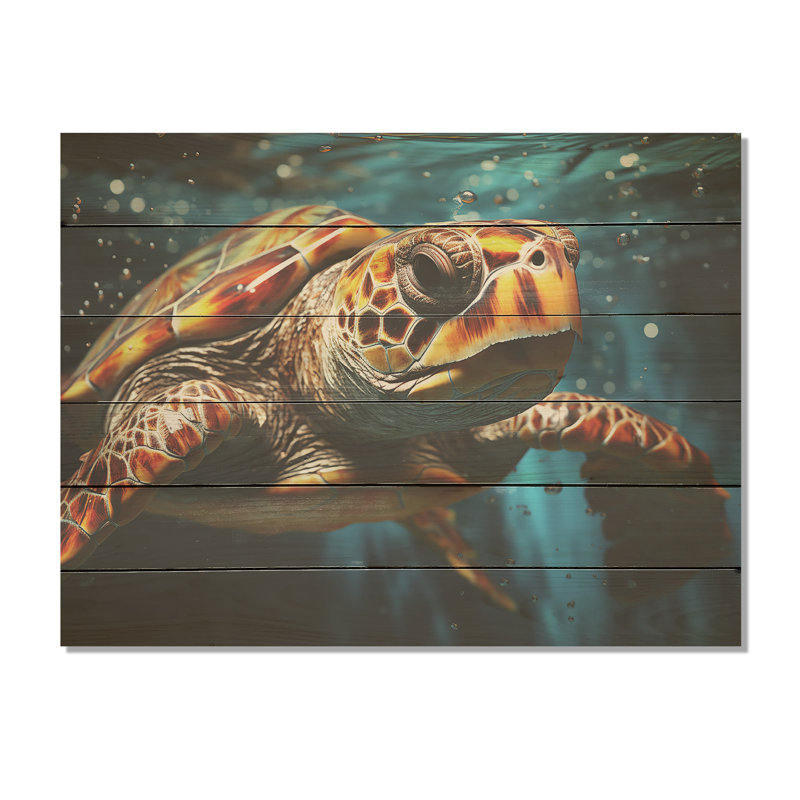 Abstract Representation Of A Turtles Swim Using - Turtle Wood Panel Wall Art On Natural Pine Wood, 24" H x 32" W