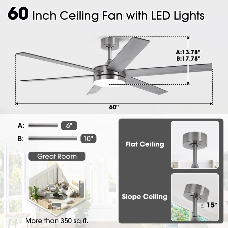 Vaczon 60" 6-Blade Modern Ceiling Fan with Dimmable 3CCT LED Lights and Remote Control