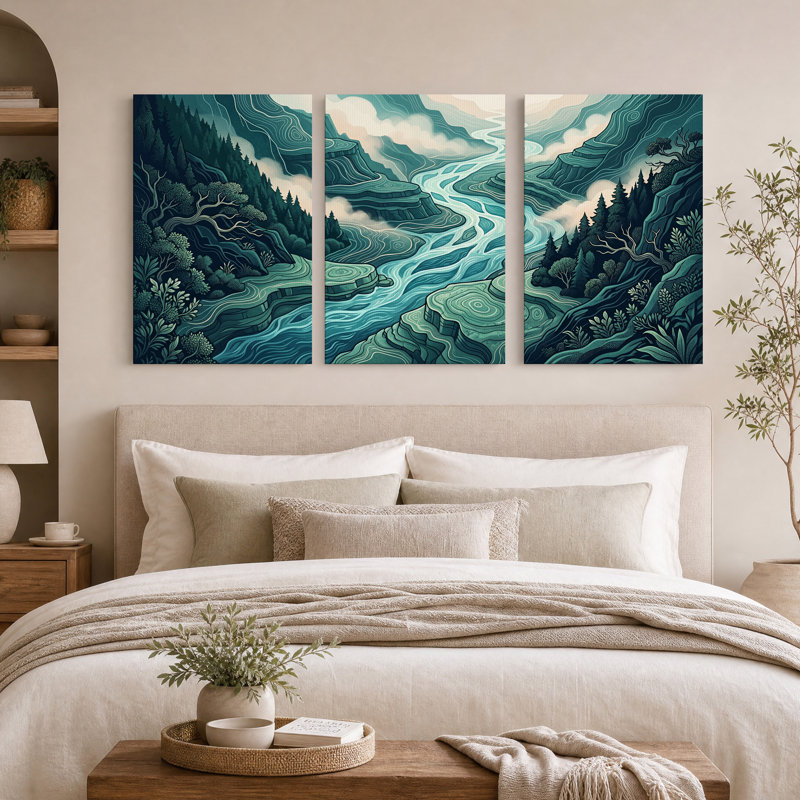 Ensemble de 3 toiles murales représentant une rivière sinueuse turquoise dans un canyon boisé, 30"H x 20"W x 3pcs