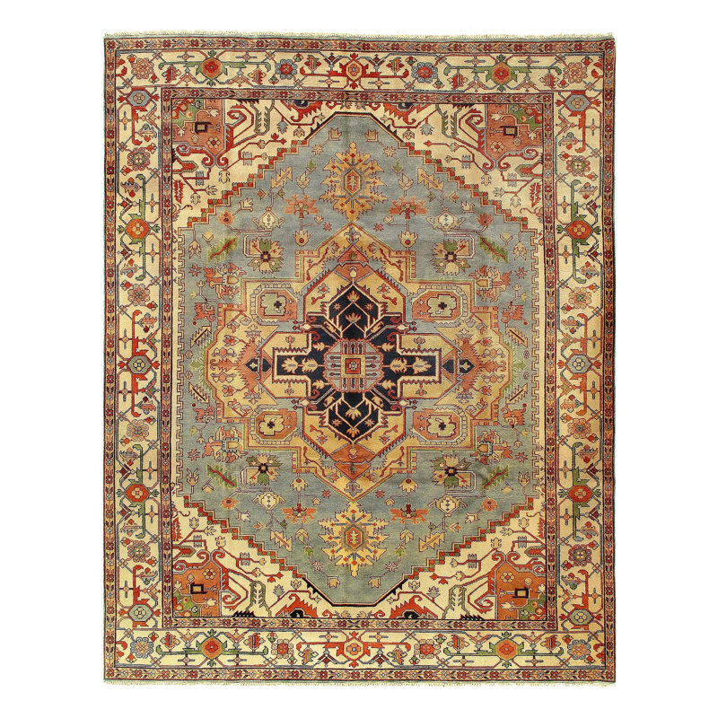 Tapis bleu clair / or / noir en laine et coton 9 pi 3 po x 11 pi 10 po Vone Southwestern