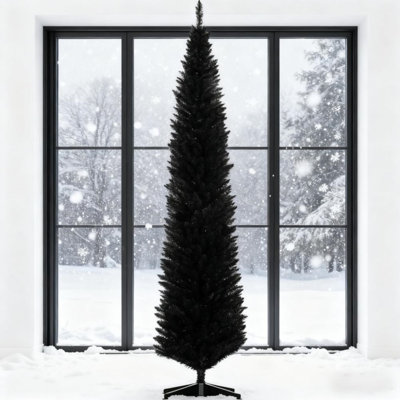 8 FT Black Slim Pencil‑Style Artificial Christmas Tree, 618 Realistic Plastic Branch Tips, Detachable Sturdy Plastic Base, Easy Assembly and Storage f