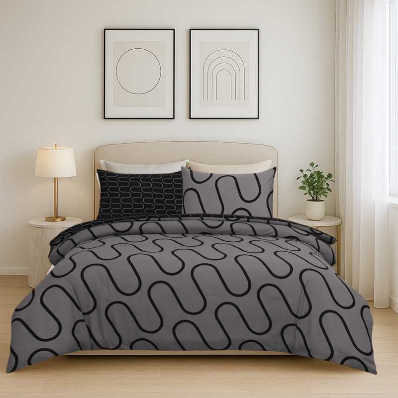 Haffa Microfiber Duvet Cover Set with Pillowcases, Black/Grey Wave, Single Duvet Cover + 1 Standard Pillowcase