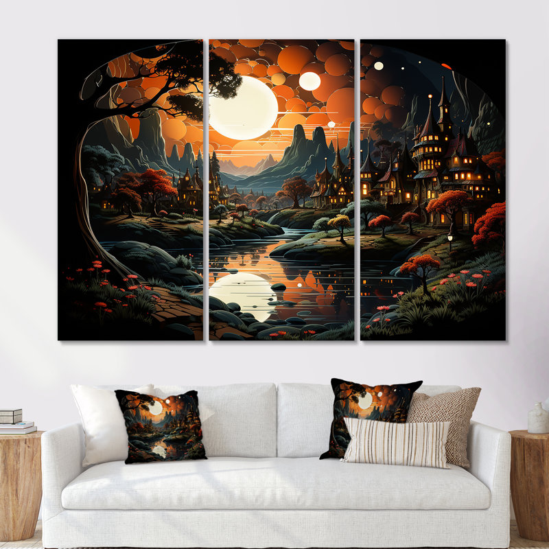 Coucher de soleil sur fantaisie paysage abstrait - ensemble de décorations murales paysage abstrait, Toile tendue
