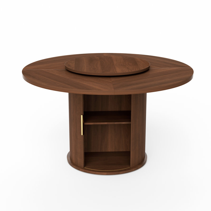 55" Round Dining Table (Walnut) Seats 6 - Wooden Dining Table With Double Storage Shelves, Rotating Tray, And Wavy Sliding Door - Suitable For Dining/Living Rooms