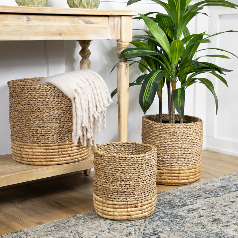 Set Of 3 Textured Woven Round Seagrass Baskets 13.75"