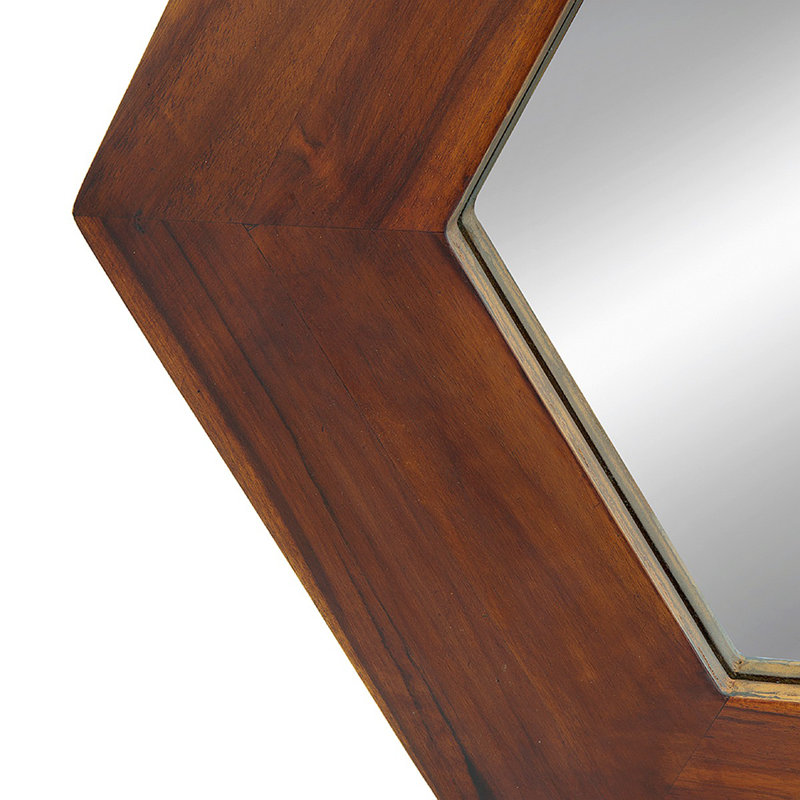 18.5" X 18.5" Hexagon Mirror With Solid Wood Frame, Wall Decor For Living Room Bathroom Hallway, Brown