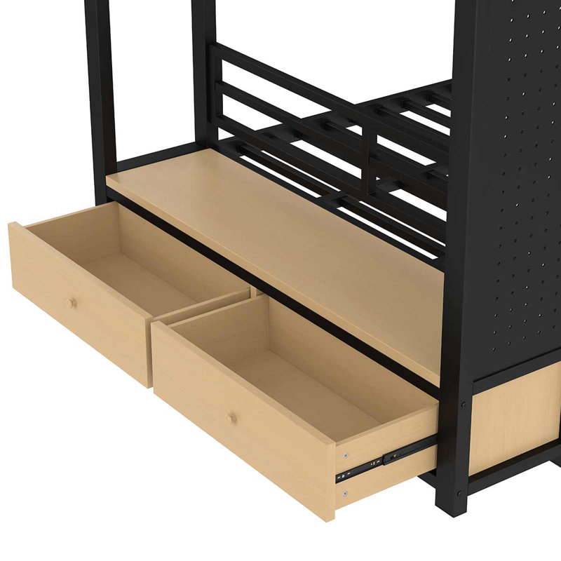 Lit superposé en métal avec tablettes de rangement, tiroirs et panneau perforé, pour les adolescents