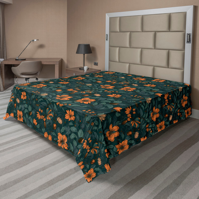 Floral Flat Sheet, Orange Teal Laurel Green