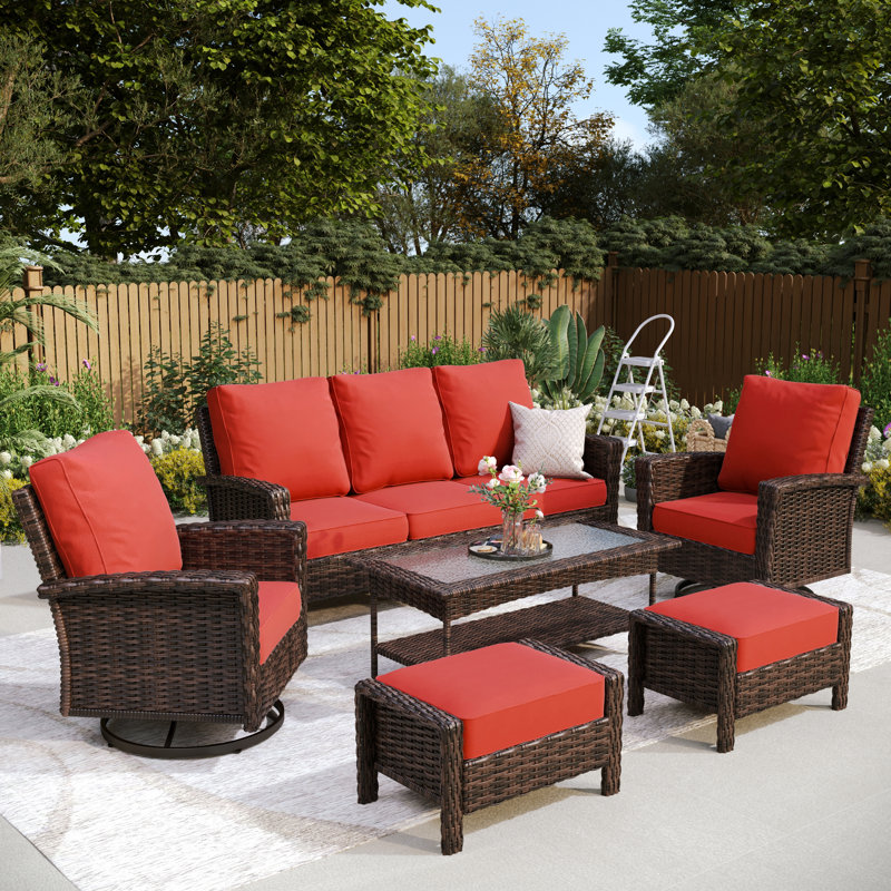 Nadilee Premium All-Weather Wicker - Person Patio Conversation Set with Cushions, Yes, Red