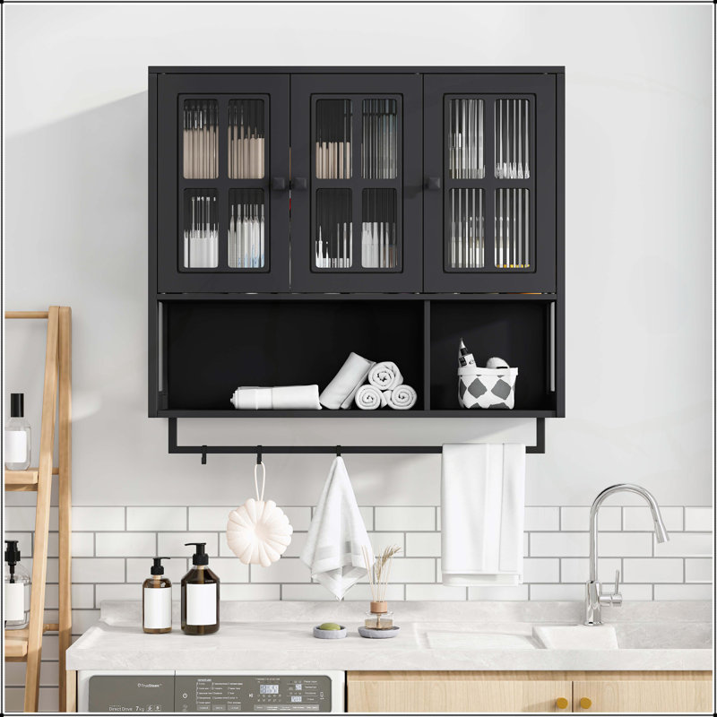 Armoire murale 3 portes en bois avec rangement ouvert et caché, porte en verre, barre à serviettes, noir, Noir