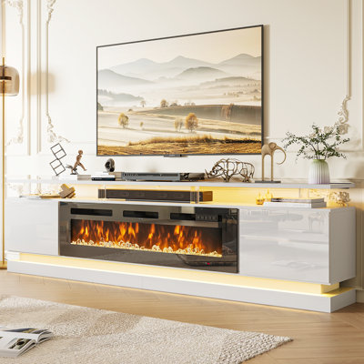 90" Fireplace TV Stand, Modern Entertainment Center Fit For 100" Max TV, Wifi Enabled Media Console With Storage Cabinets, RGB Lighting & Electric Fireplace For Living Room
