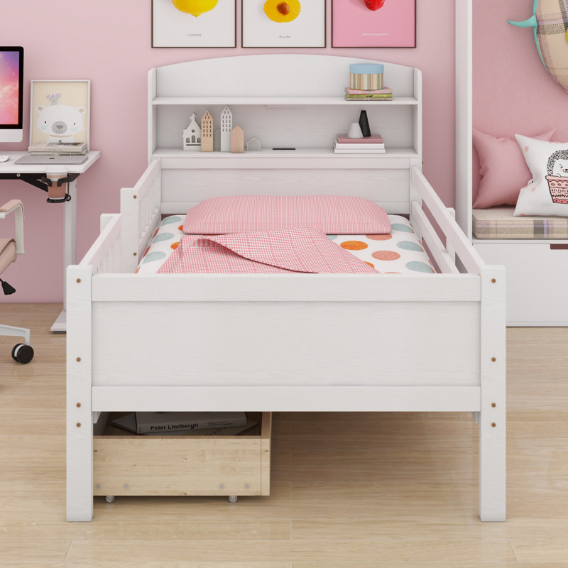Lit plateforme moderne en bois avec éclairage à DEL intégré, garde-corps et tiroirs de rangement, White