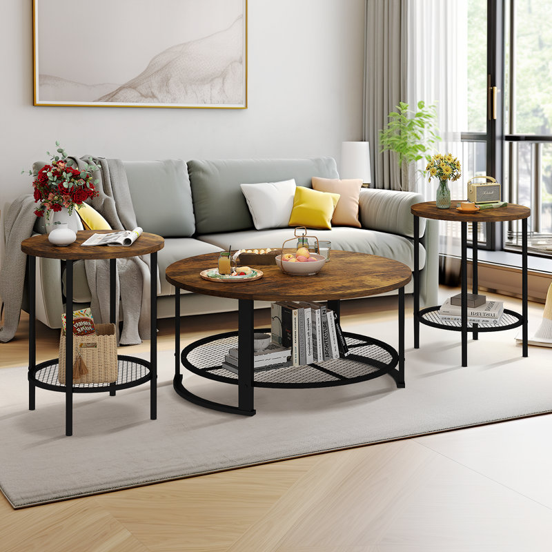 3-Piece Set Of Imitation Wood Grain Coffee Table (1 Coffee And 2 Sides): Round Tabletop Waterproof, Flat And Easy To Clean, Two-Layer Storage Capacity, Metal Table Legs