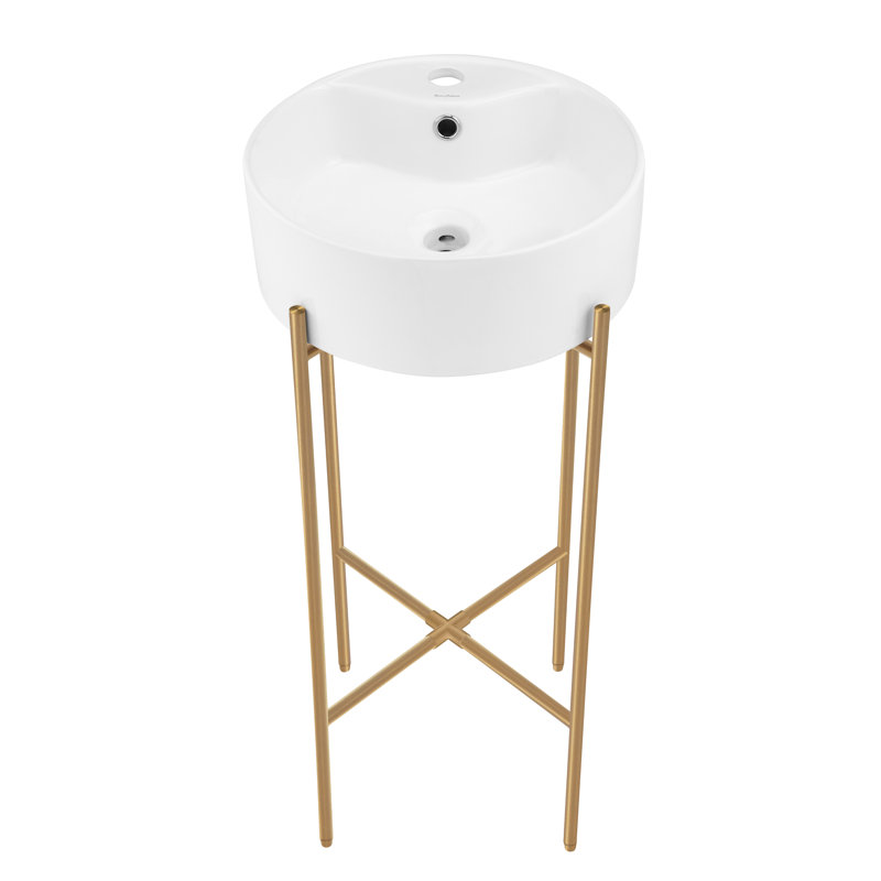 Monaco 15.75" Round Console Sink with Faucet Mount, White Basin, Brushed Gold