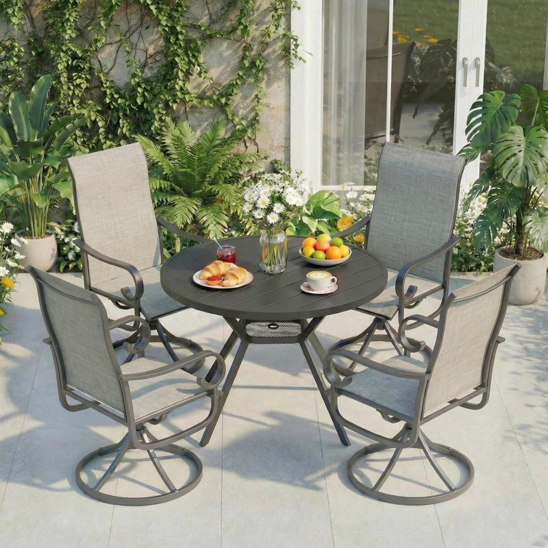 5-piece Patio Dining Set For 4, 4 Swivel Chairs & 42" Round Metal Table With Umbrella Hole, All-weather Outdoor Dining Furniture Set For Deck, Lawn, Backyard & Porch