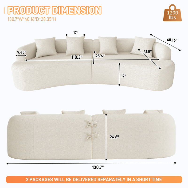 130'' Curved Sofa Compression Foam Couch, 24.8” H x 130.7” W x 40.16” D, 4, Beige/White