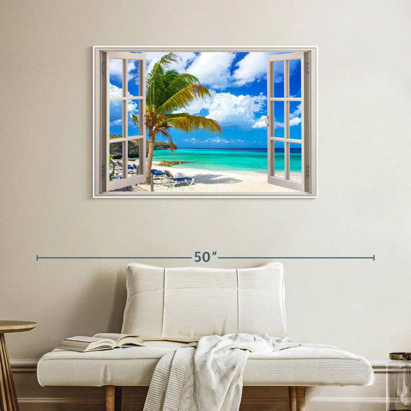 White Beach Window View, Floating Frame White, 40" X 27"