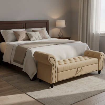Khaki Velvet Storage Bed Bench, Bedroom Nail Tufted Lounge Chair Style by House of Hampton