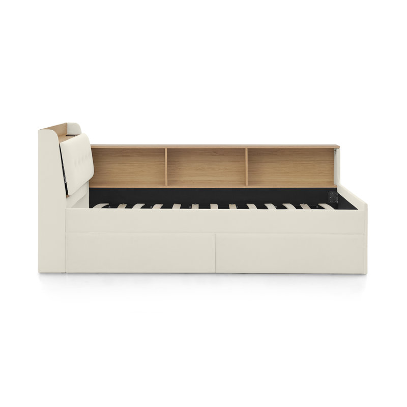 Canapé-lit simple en velours rembourré avec tête de lit, 2 tiroirs, chargement DEL et sans fil, beige, Beige