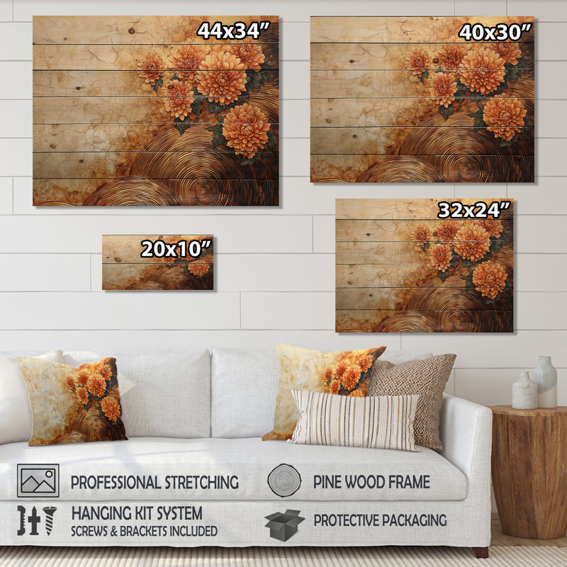Chrysanthèmes fleurs sur une glissoire en bois III - Décoration murale en bois de chrysanthèmes