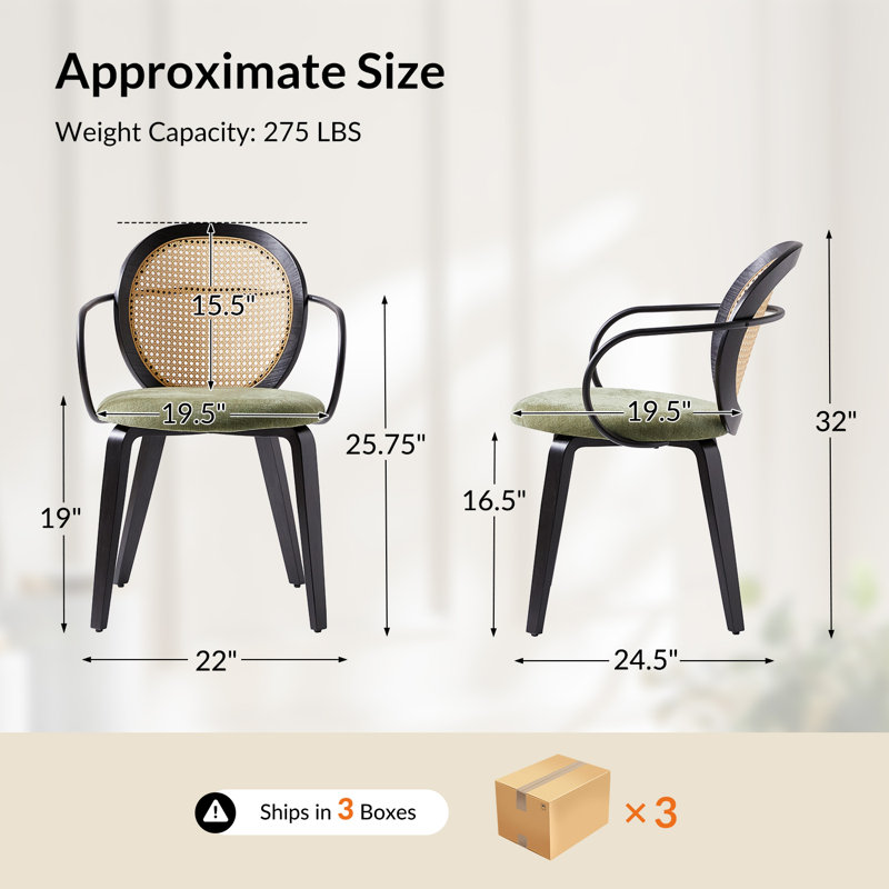 Delmas 19.5W Mid-Century Modern Rattan Accents Dinning Chair Set with Solid Wood Legs Set of 6, 6, Moss