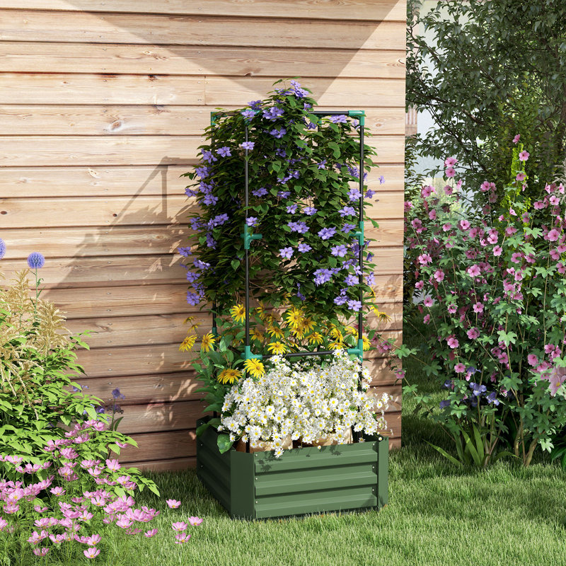 Galvanized Planter Box, 24" X 24" X 55" Raised Garden Bed With Tomato Cage For Climbing Vines, Green, Green