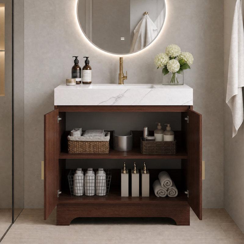 Meuble-lavabo autoportant de 30 po avec plateau en pierre frittée et lavabo en céramique, meuble-lavabo moderne avec portes cannelées verticales et poignées dorées