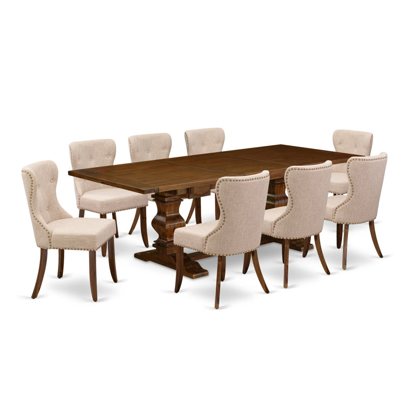 L'ensemble de table de cuisine 9 pièces comprend une table de salle à manger rectangulaire avec rallonge amovible et 8 chaises Parson en lin brun clair clair, noyer antique