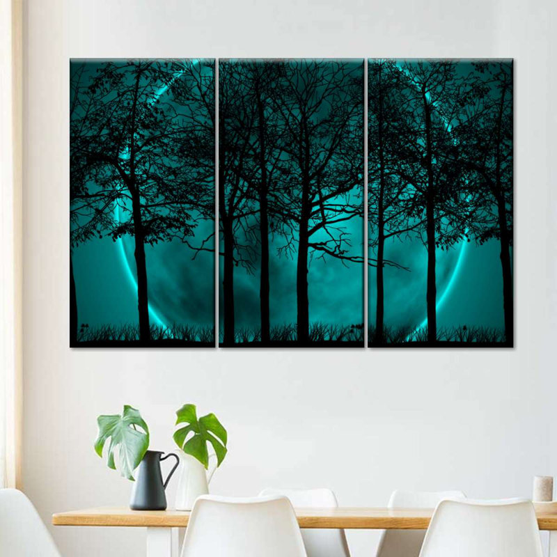 Silhouette de forêt turquoise sur toile, ensemble de 3 pièces, H 28 po x l 45 po x P 1,25 po