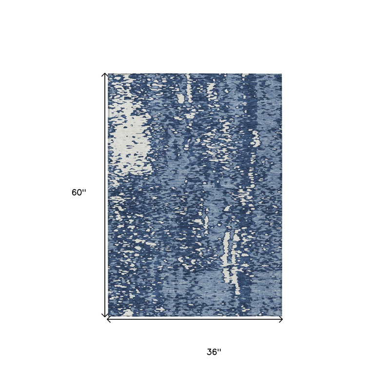 3' X 5' Denim Blue And Ivory Abstract Washable Indoor Outdoor Area Rug
