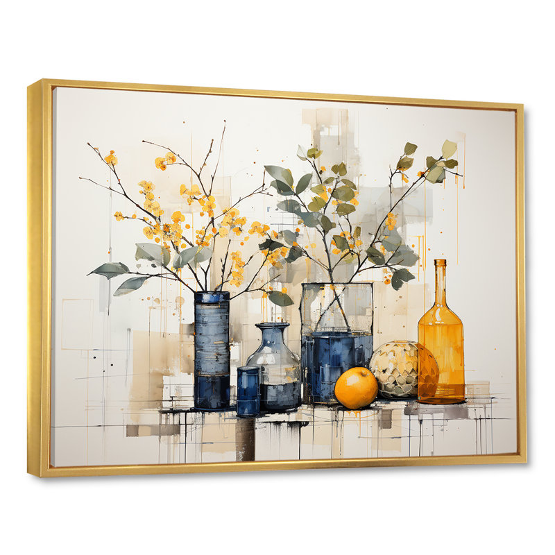 Bleu et jaune agrume Boho Pottery II - Boho Pottery, art mural, H 34 po x l 44 po x P 1,5 po, Cadre de coin blanc fermé