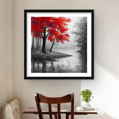 Red Trees and Lake - Contemporary Landscapes Framed Print