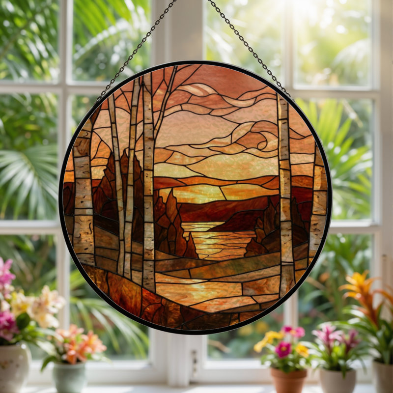12"H Autumn Landscape Stained Glass Window Panel, 12" H x 12" W