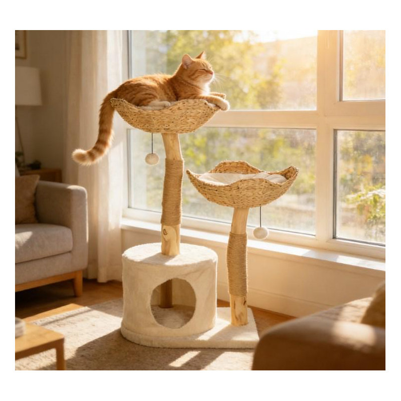Arbre à chat 37,4 po en bois massif, petite tour pour chat avec poteau à griffer en jute et lits à quenouilles