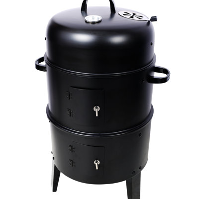 Fumoir d'extérieur au charbon de bois 16 pouces - Barbecue portatif pour la cour. 31: Fumoir, barbecue, foyer. Surface de cuisson spacieuse avec thermomètre. Poignée antidérapante. Patio en acier noir. Faites cuire deux portes. Conception par l'utilisateur.