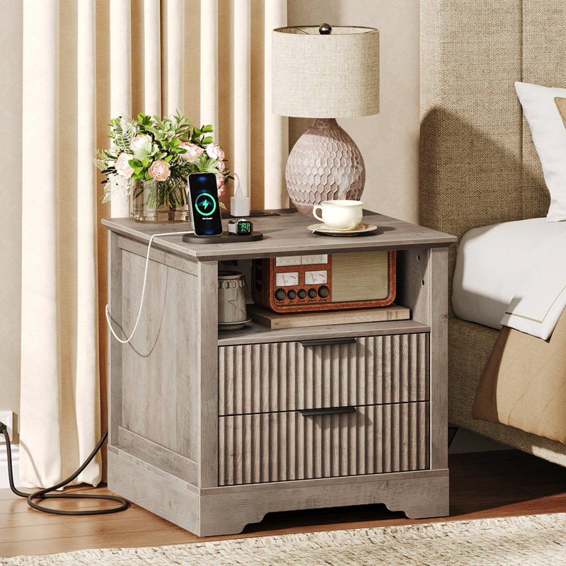 Brisson 23.6"W Farmhouse End Table with Charging Station and Fluted Storage Drawers, Gray