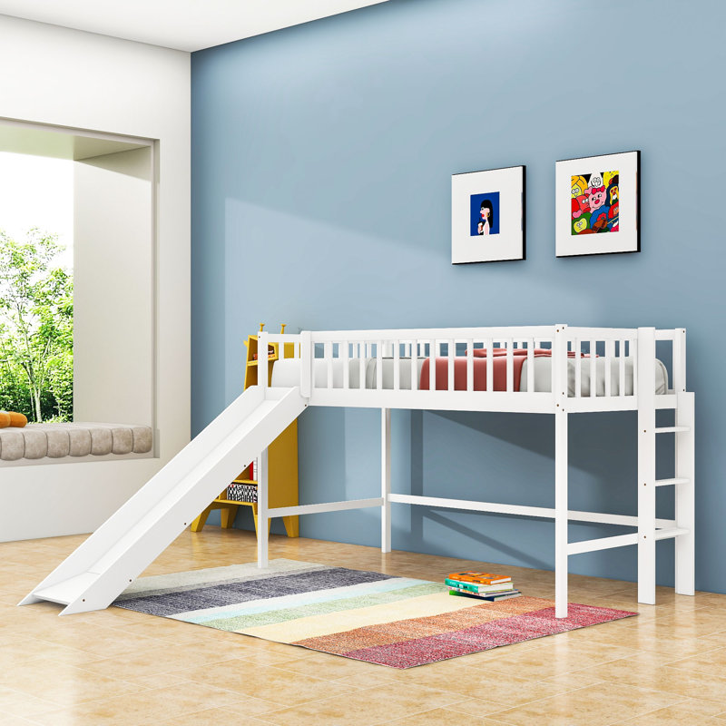 Lit mezzanine simple en bois avec glissoire et échelle, Blanc