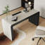 Bureau rectangulaire à 3 tiroirs noir + blanc massif + bois manufacturé + cuir-109561845